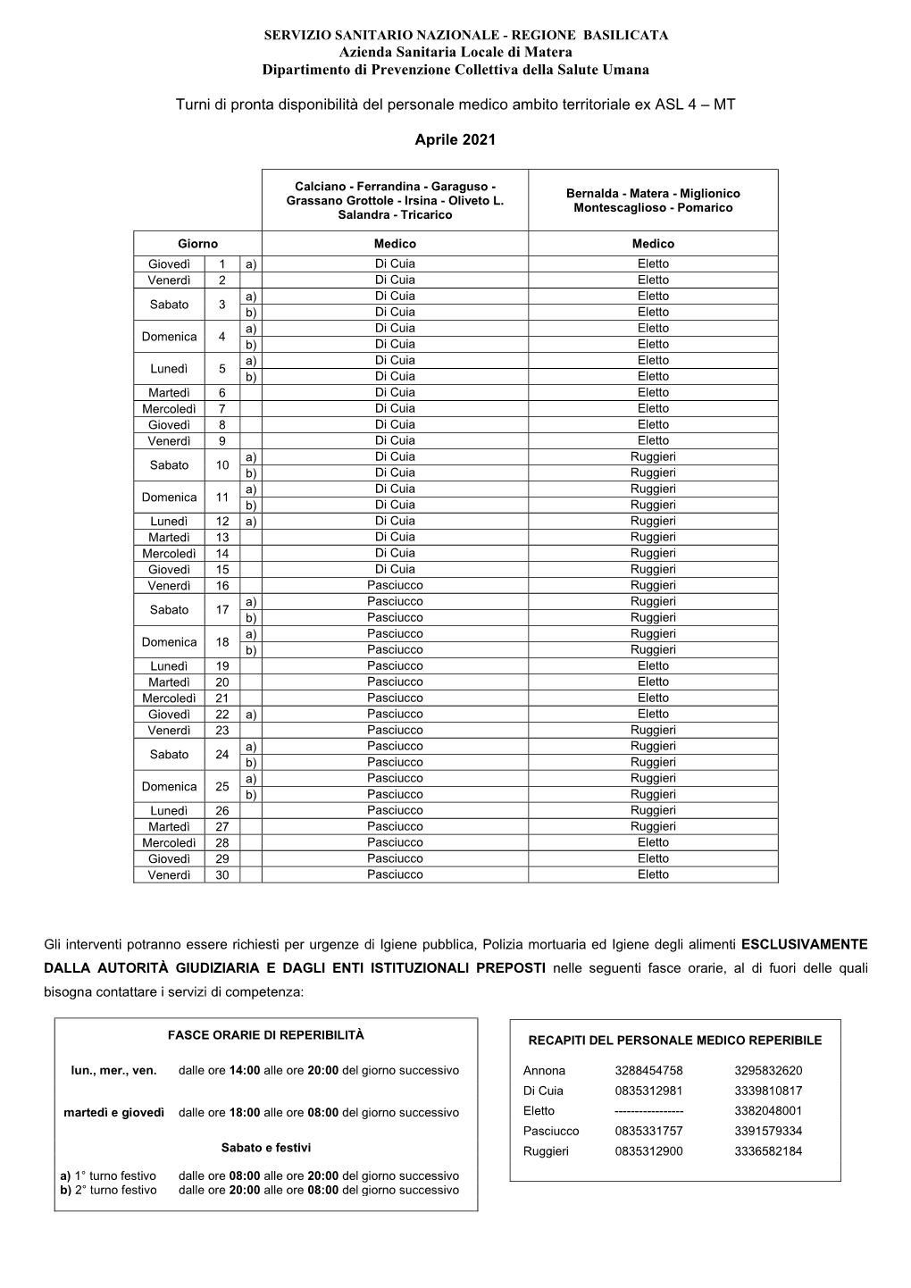 Azienda Sanitaria Locale Di Matera Dipartimento Di Prevenzione Collettiva Della Salute Umana Turni Di Pronta Disponibilità
