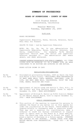 Kern County Board of Supervisors Summary of Proceedings