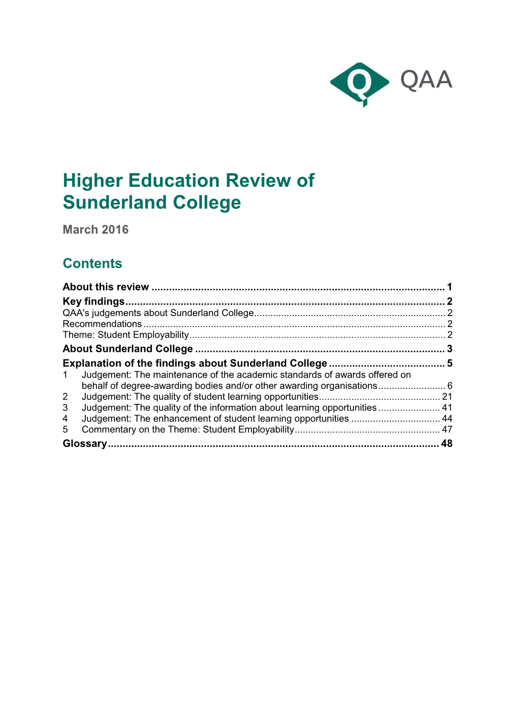 Higher Education Review of Sunderland College March 2016