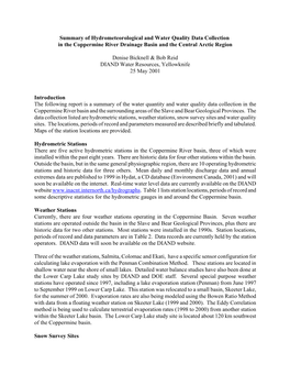 Summary of Hydrometeorological and Water Quality Data Collection in the Coppermine River Drainage Basin and the Central Arctic Region