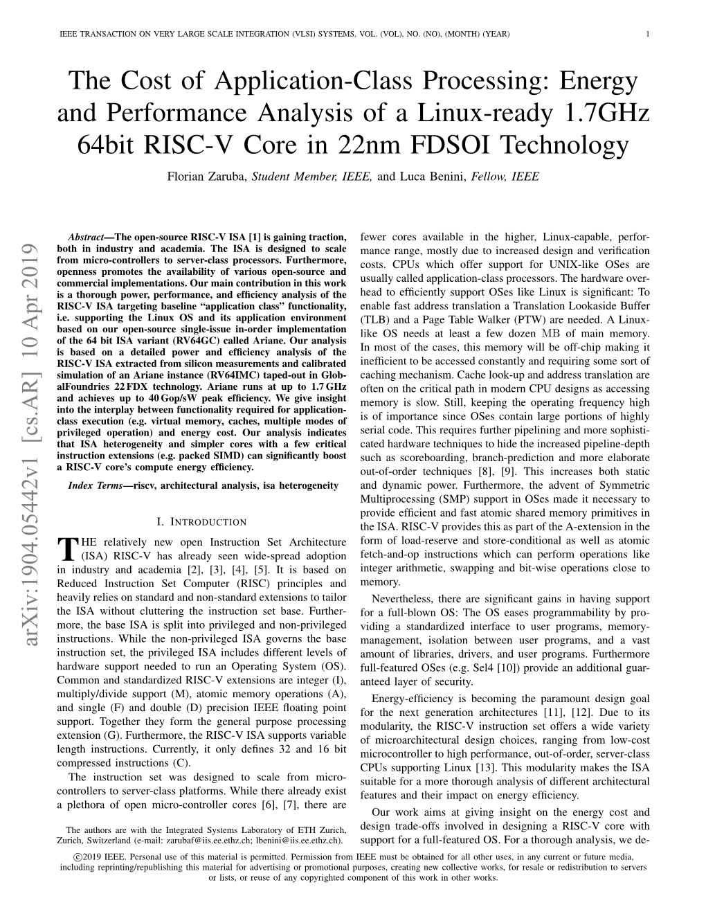 The Cost of Application-Class Processing: Energy and Performance Analysis of a Linux-Ready 1.7Ghz 64Bit RISC-V Core in 22Nm FDSO