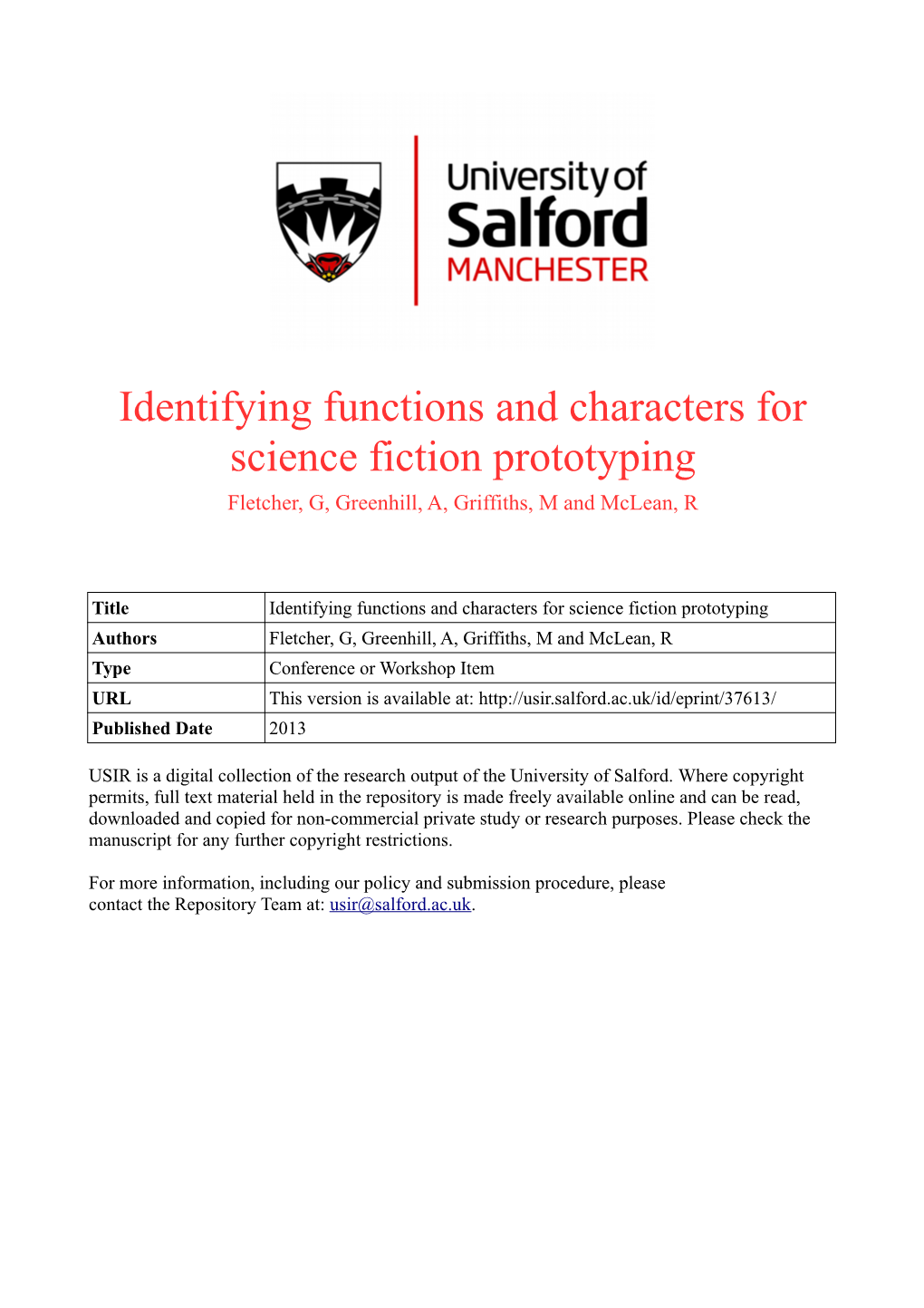 Identifying Functions and Characters for Science Fiction Prototyping Fletcher, G, Greenhill, A, Griffiths, M and Mclean, R