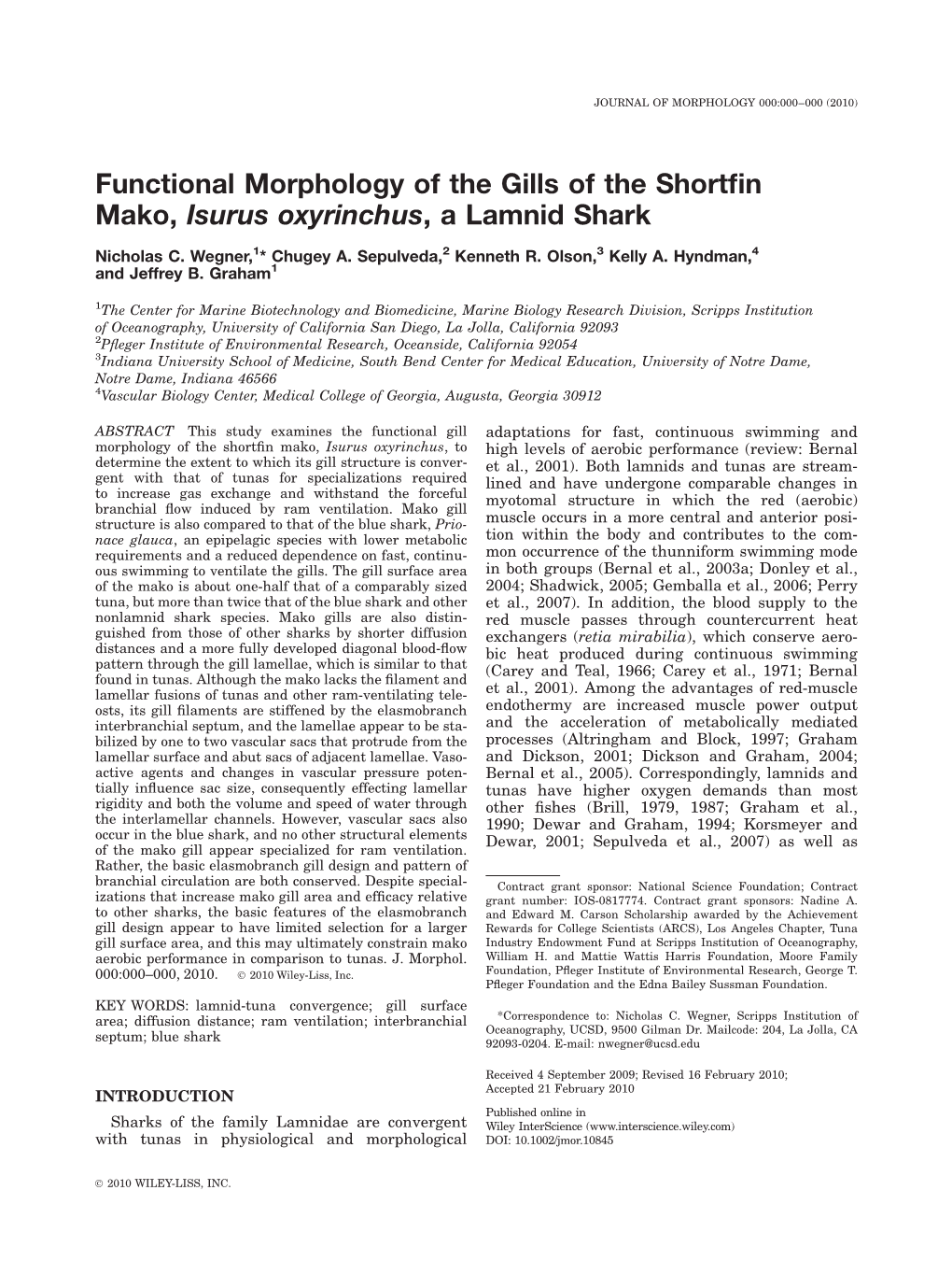 Functional Morphology of the Gills of the Shortfin Mako, Isurus Oxyrinchus, a Lamnid Shark