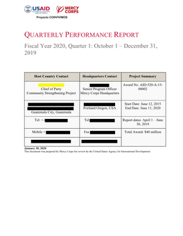 QUARTERLY PERFORMANCE REPORT Fiscal Year 2020, Quarter 1: October 1 – December 31, 2019