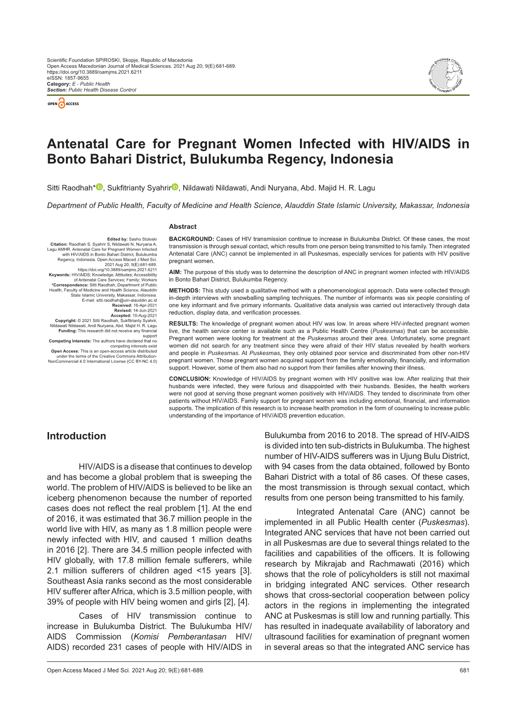 Antenatal Care for Pregnant Women Infected with HIV/AIDS in Bonto Bahari District, Bulukumba Regency, Indonesia