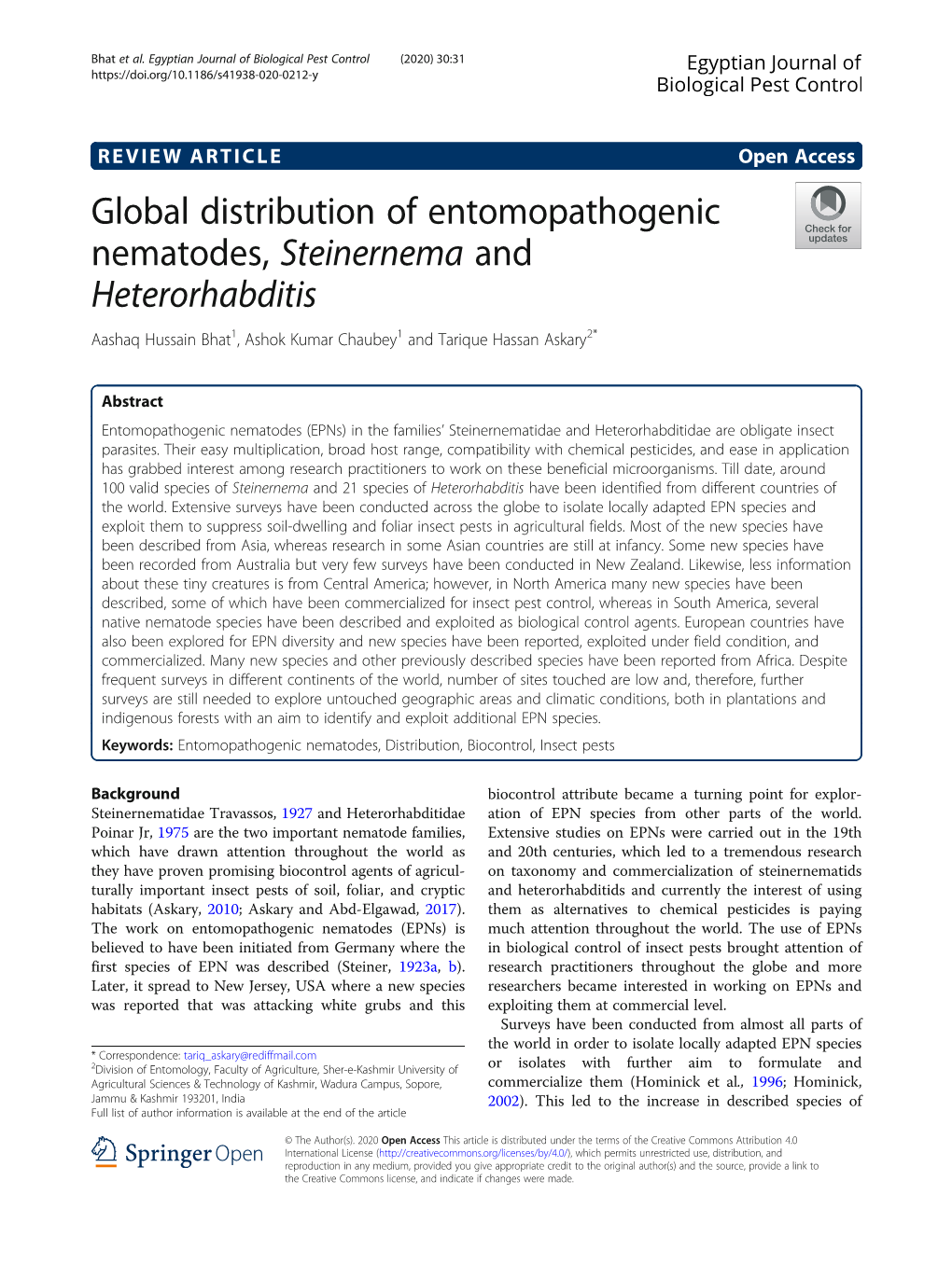 Global Distribution of Entomopathogenic Nematodes, Steinernema and Heterorhabditis Aashaq Hussain Bhat1, Ashok Kumar Chaubey1 and Tarique Hassan Askary2*