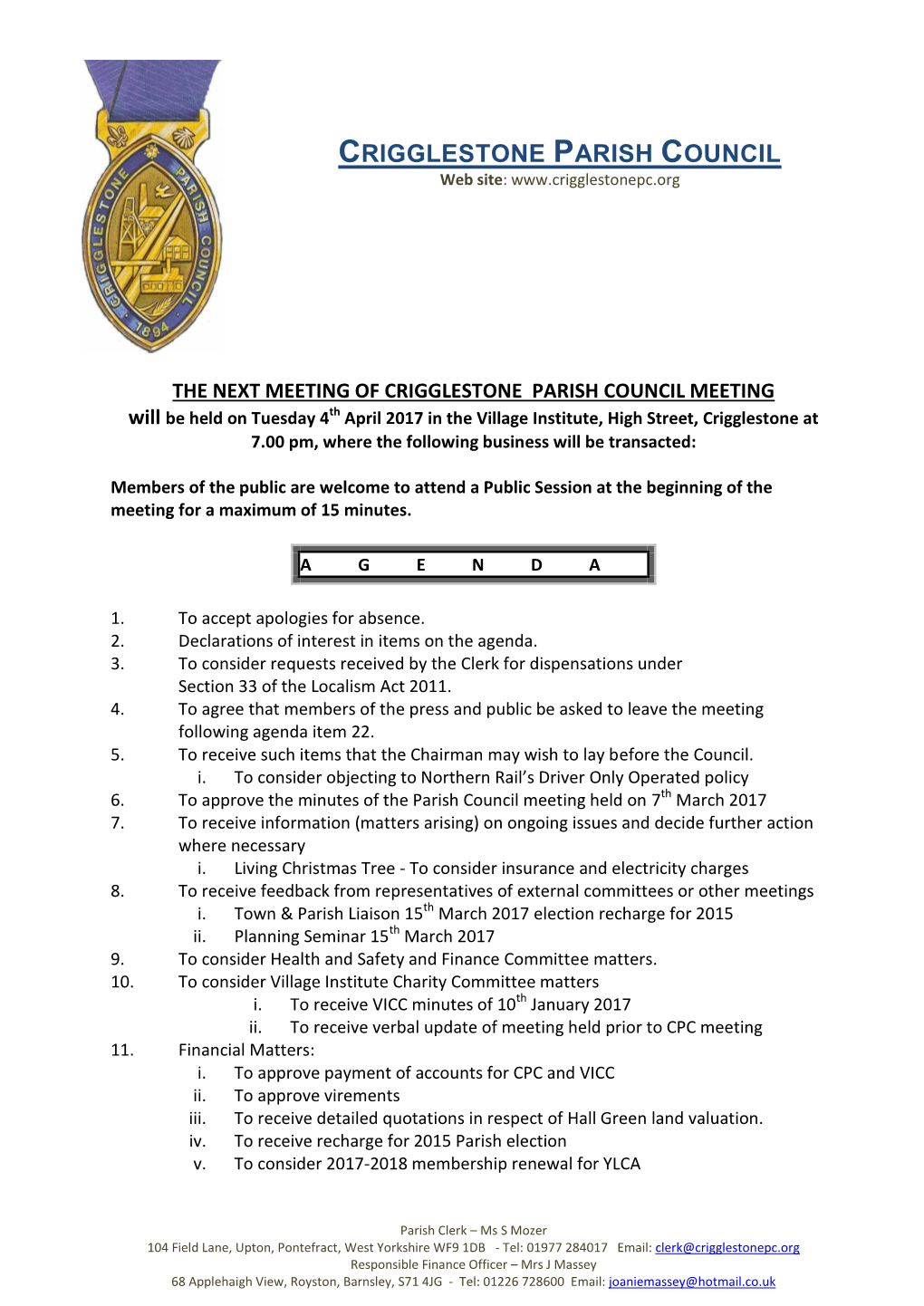 Agenda of Council Meeting 4Th April 2017