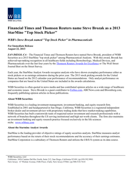 Financial Times and Thomson Reuters Name Steve Brozak As a 2013 Starmine "Top Stock Picker"