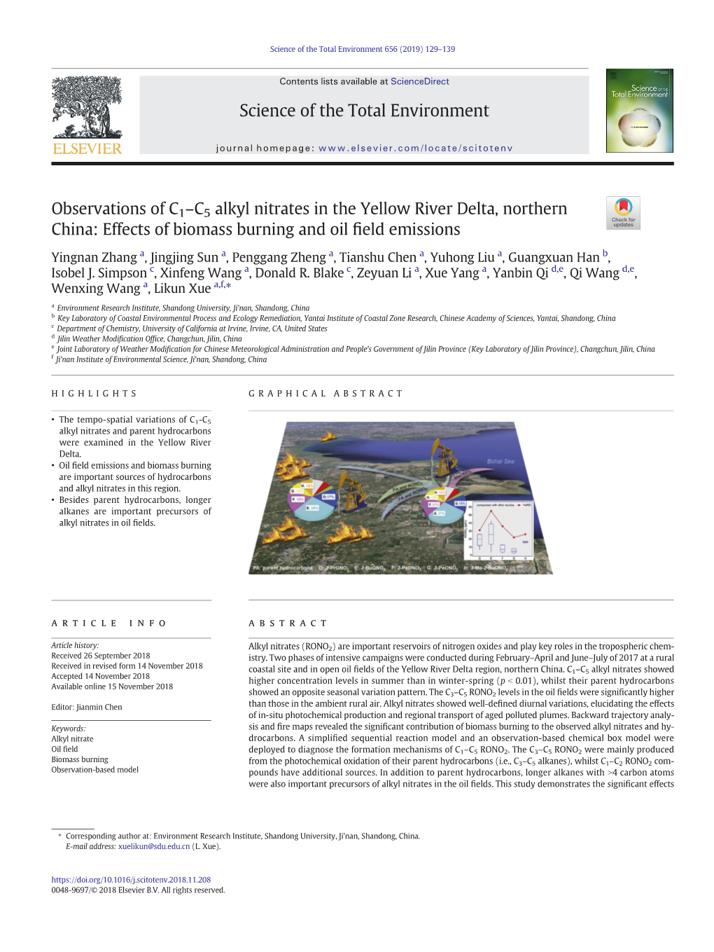 Observations of C1-C5 Alkyl Nitrates in the Yellow River Delta, Northern China: Effects of Biomass Burning and Oil Field Emissio