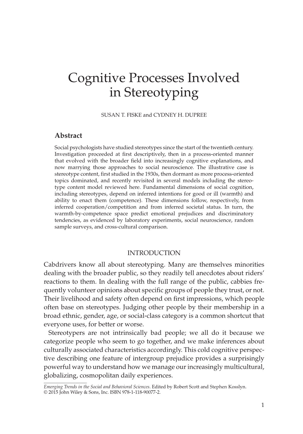 "Cognitive Processes Involved in Stereotyping" In