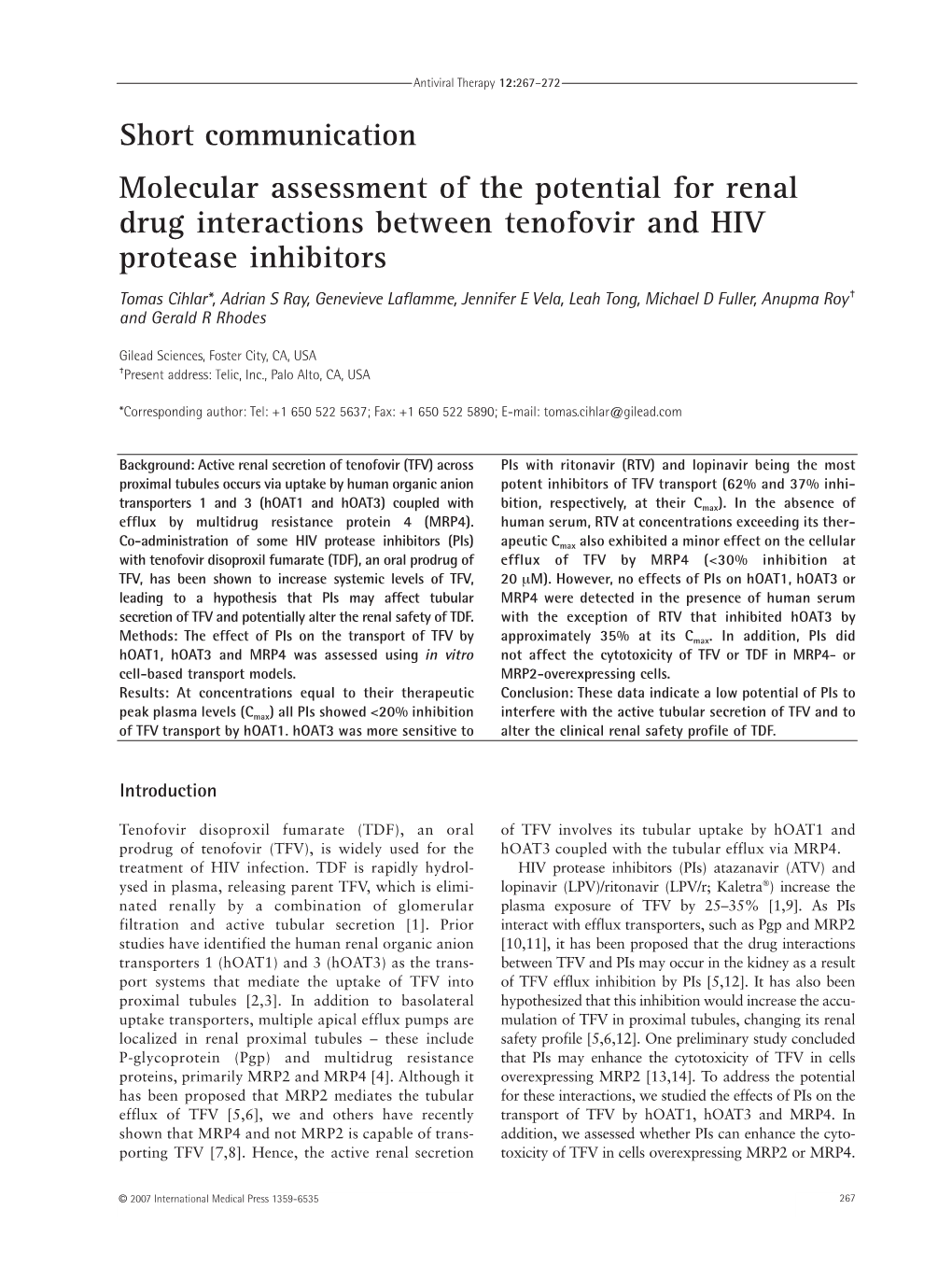 Short Communication Molecular Assessment of the Potential for Renal Drug Interactions Between Tenofovir and HIV Protease Inhibit