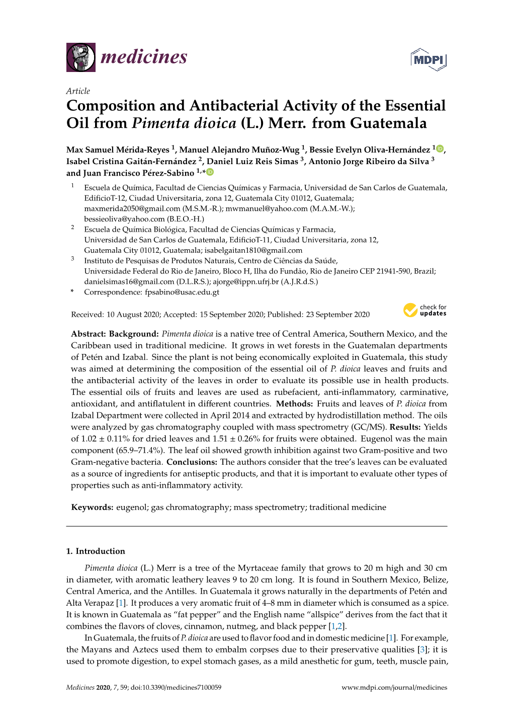 Composition and Antibacterial Activity of the Essential Oil from Pimenta Dioica (L.) Merr