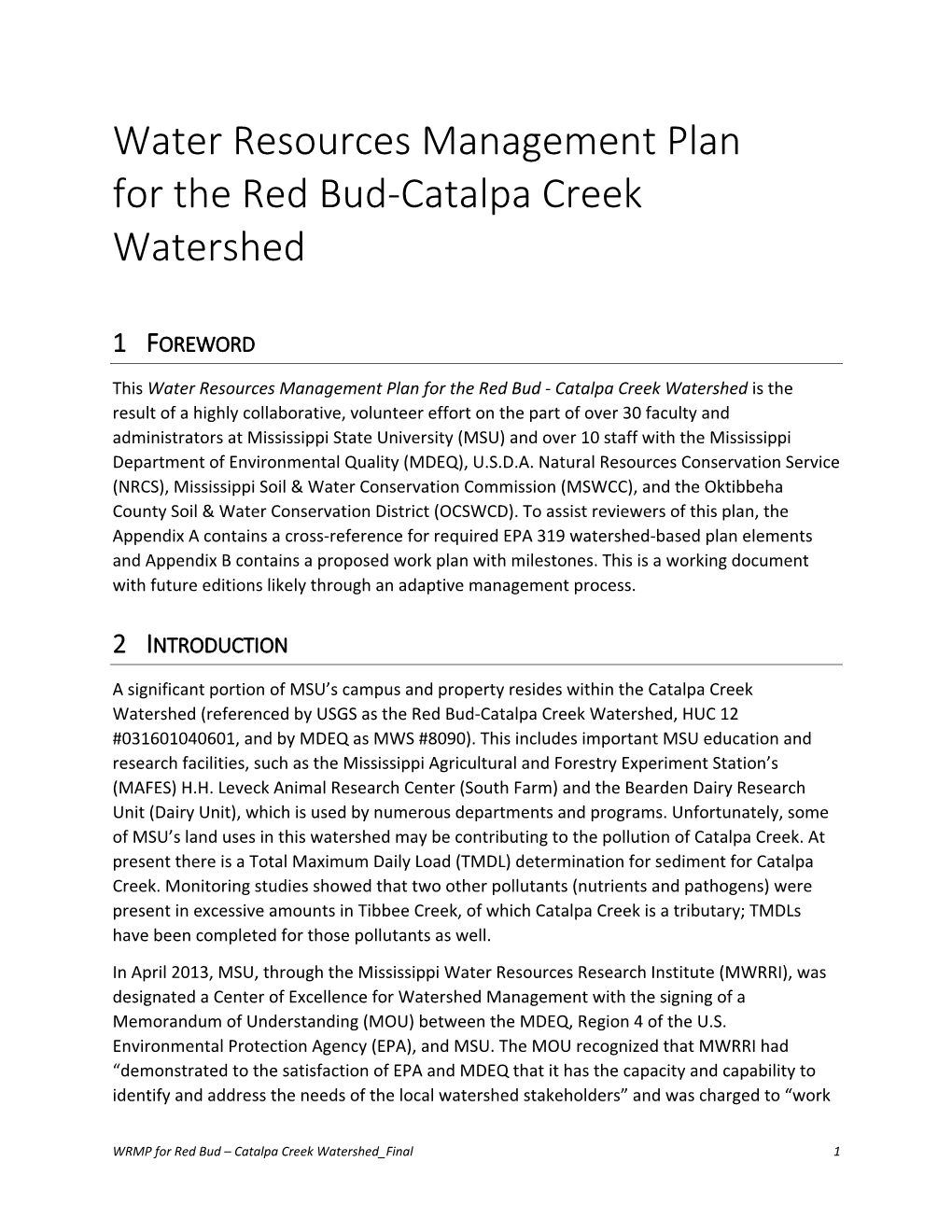 Water Resources Management Plan for the Red Bud-Catalpa Creek Watershed