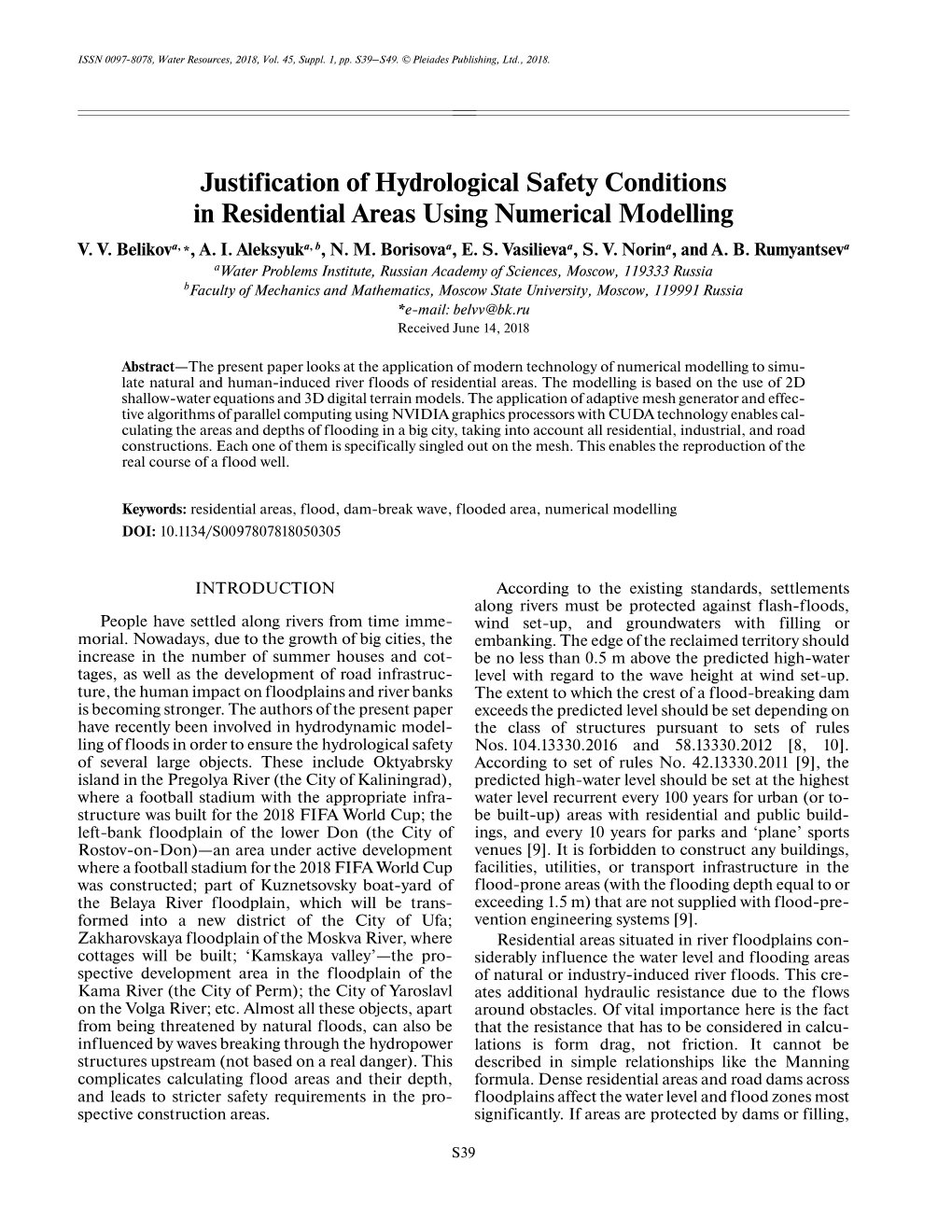 Justification of Hydrological Safety Conditions in Residential Areas Using Numerical Modelling