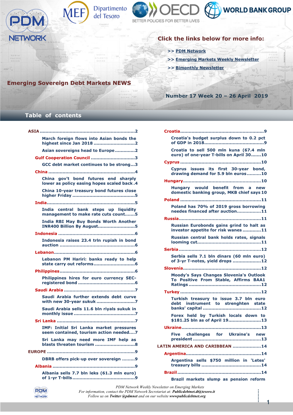 Emerging Sovereign Debt Markets NEWS Table of Contents