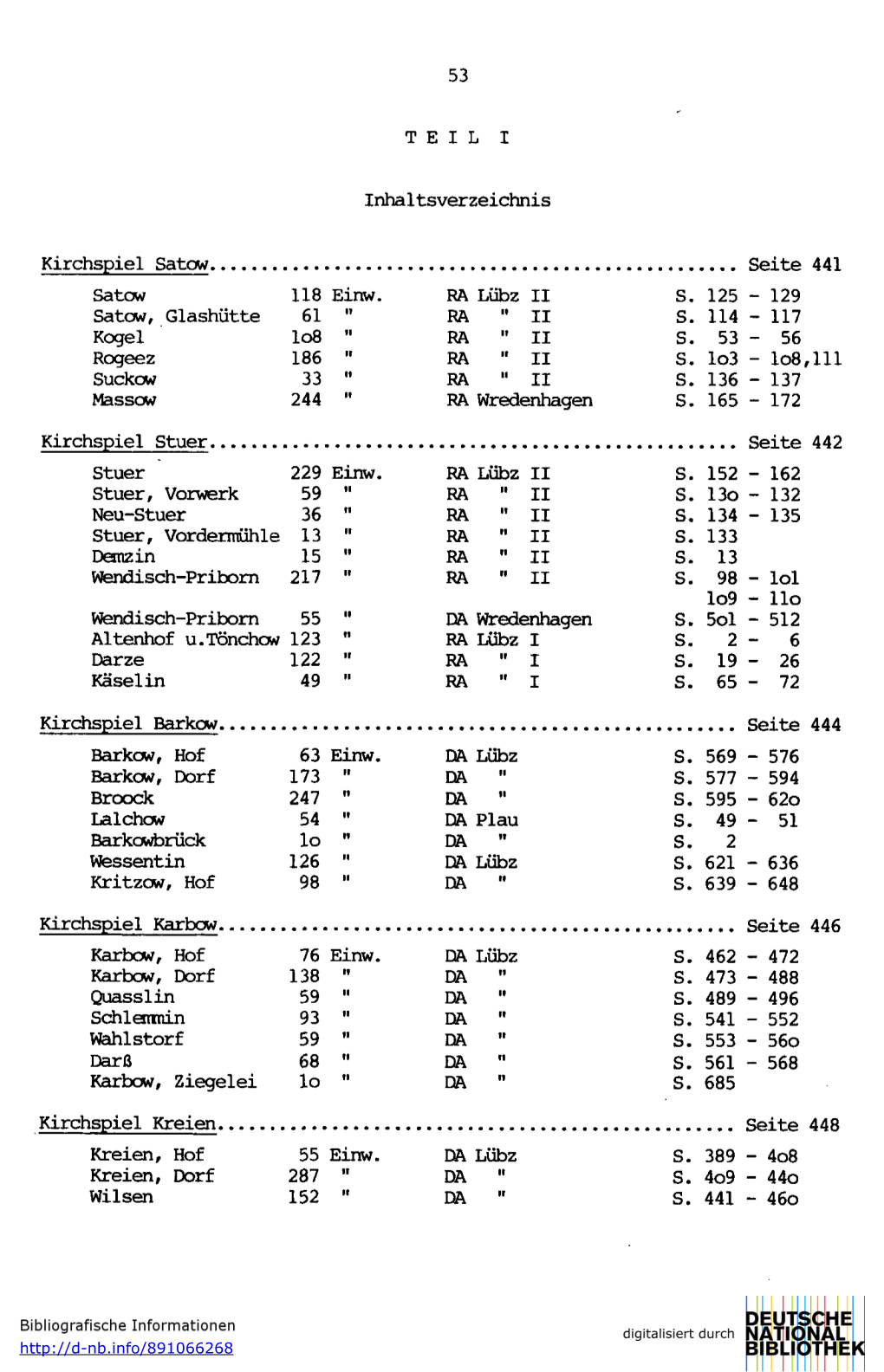 Page 1 53 TEIL I Inhaltsverzeichnis Kirchspiel Satow Satow Satow