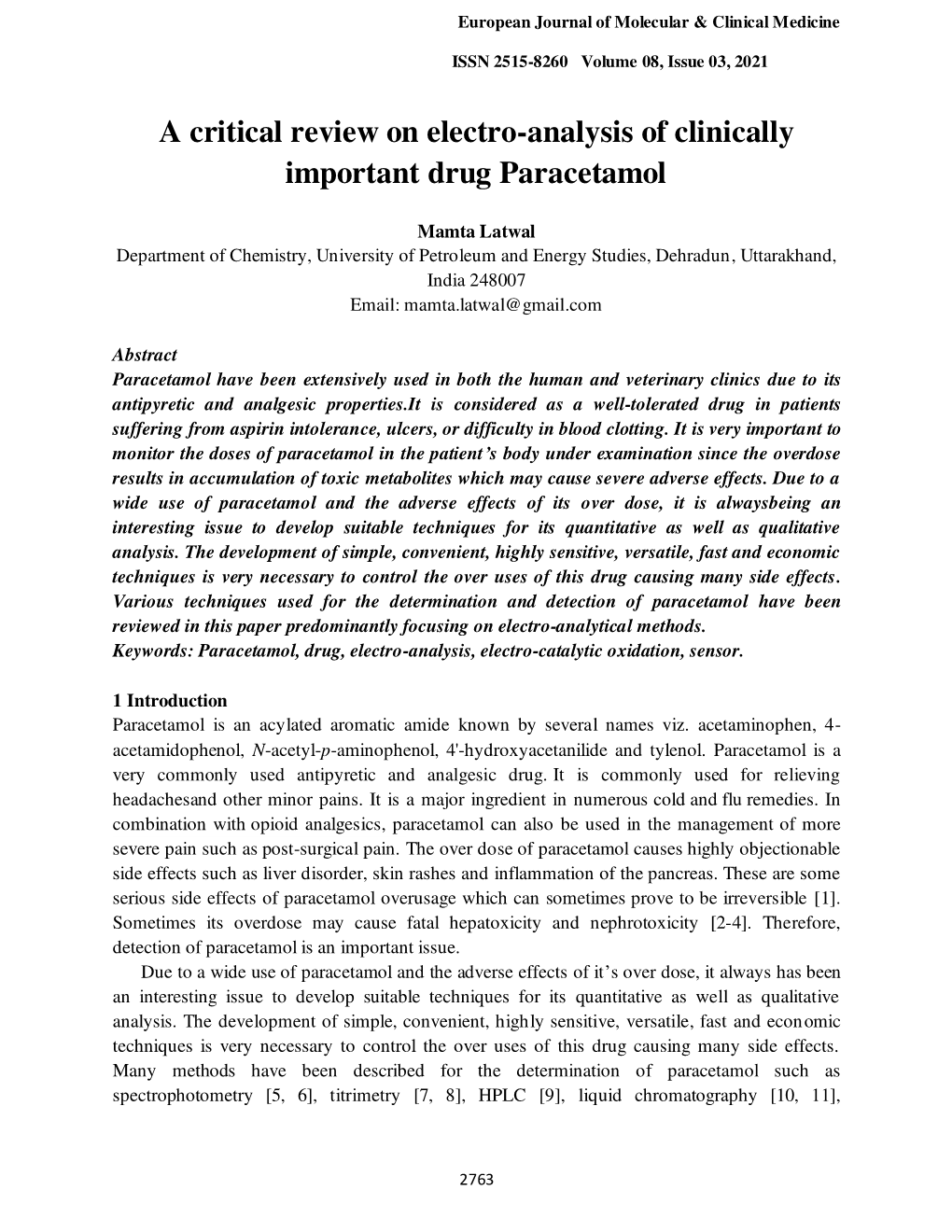 A Critical Review on Electro-Analysis of Clinically Important Drug Paracetamol