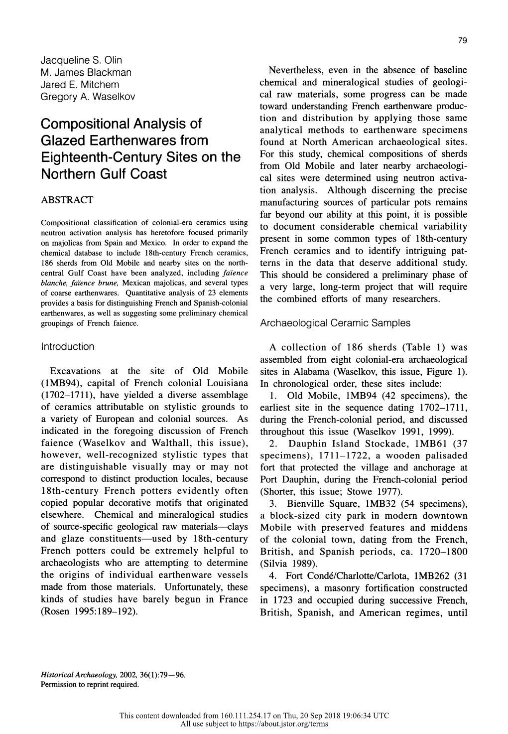 Compositional Analysis of Glazed Earthenwares from Eighteenth