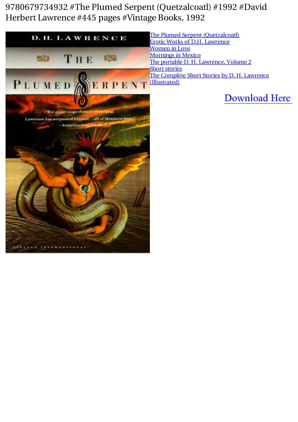 9780679734932 #The Plumed Serpent (Quetzalcoatl) #1992 #David Herbert Lawrence #445 Pages #Vintage Books, 1992