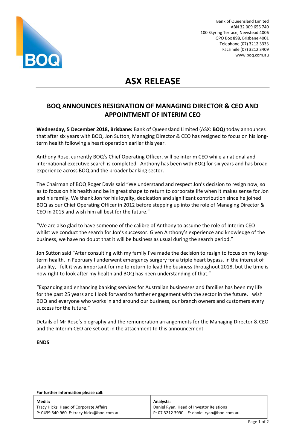 BOQ Announces Resignation of Managing Director & CEO And