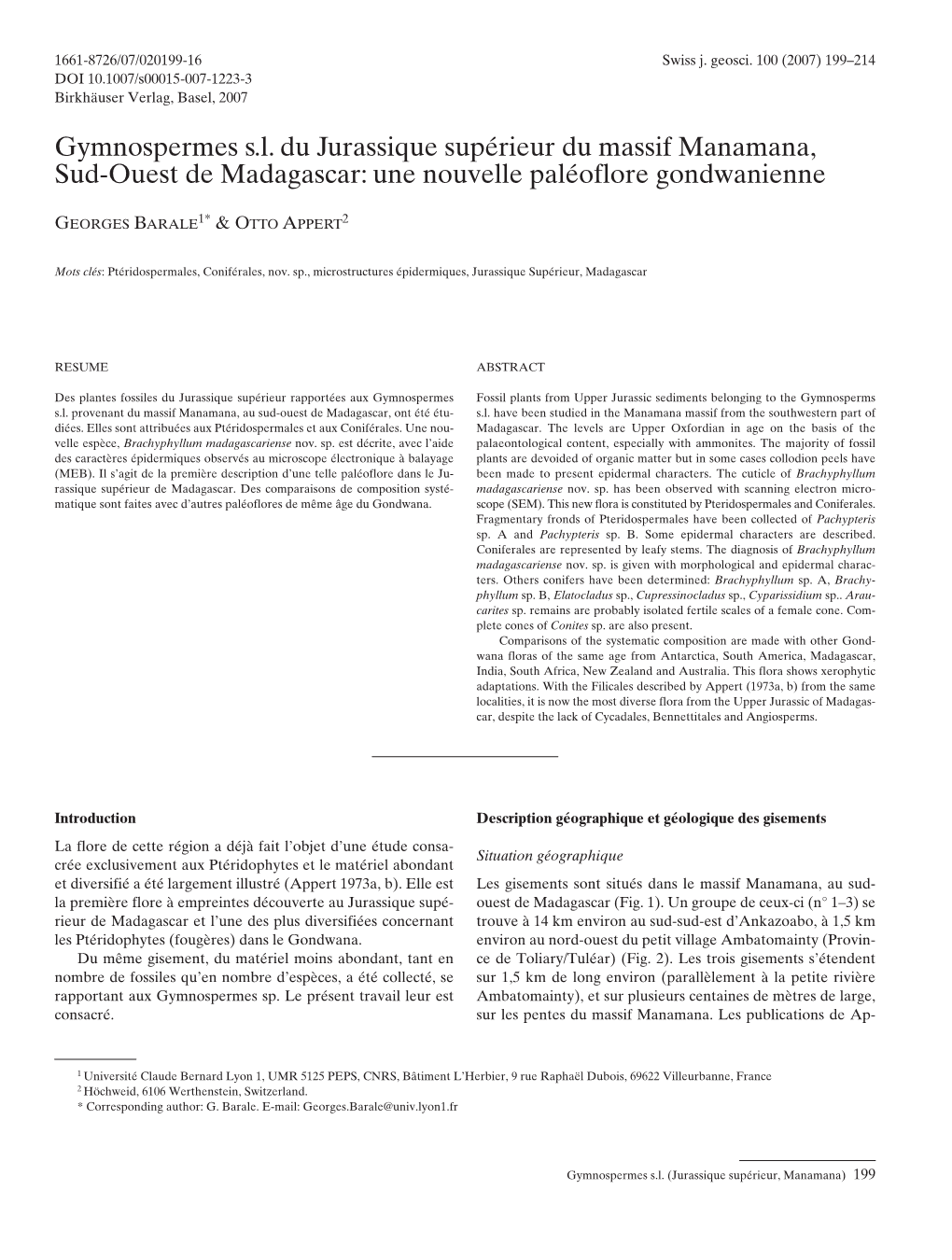 Gymnospermes S.L. Du Jurassique Supérieur Du Massif Manamana, Sud-Ouest De Madagascar: Une Nouvelle Paléoflore Gondwanienne