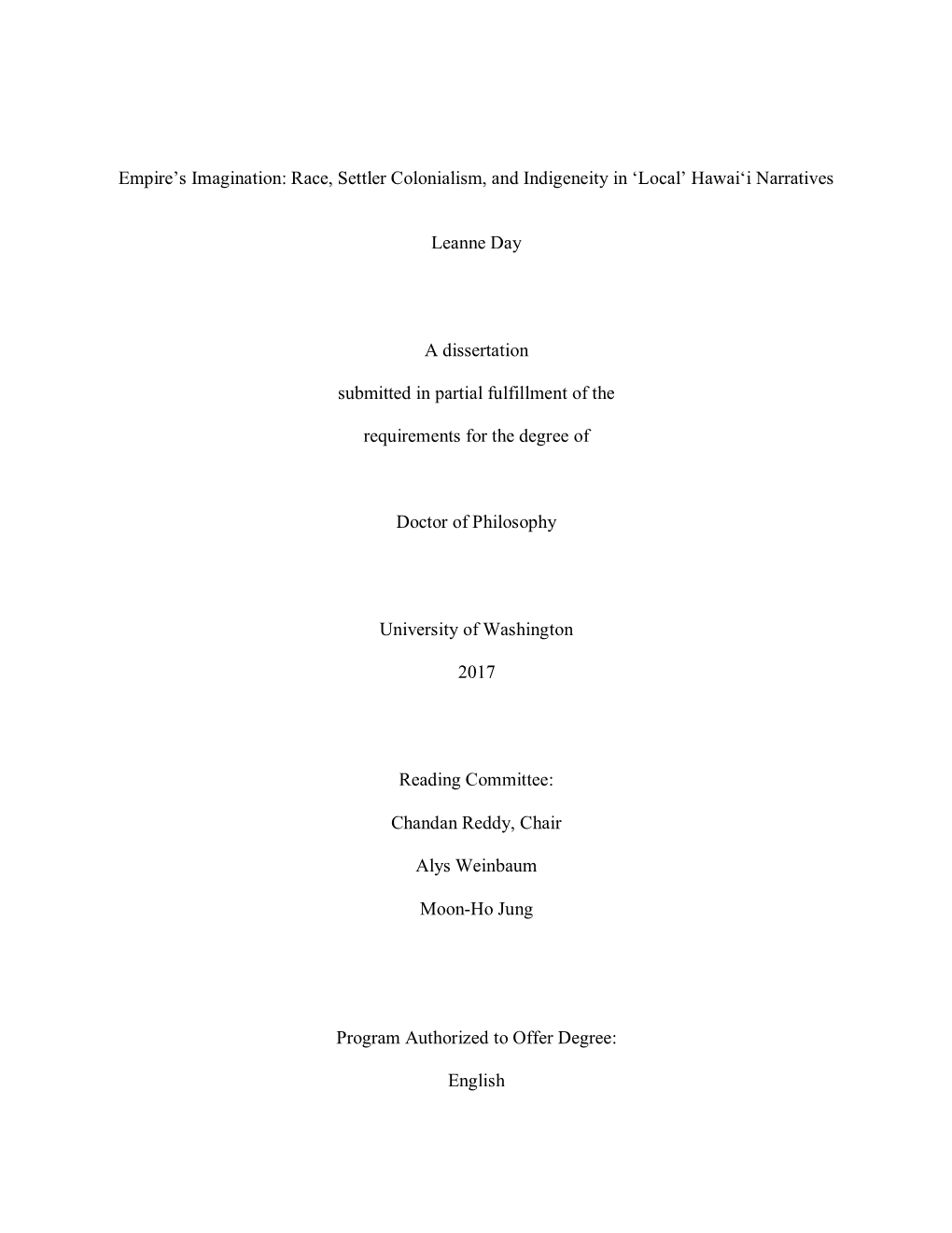 'Local' Hawaiʻi Narratives Leanne Day a Dissertation