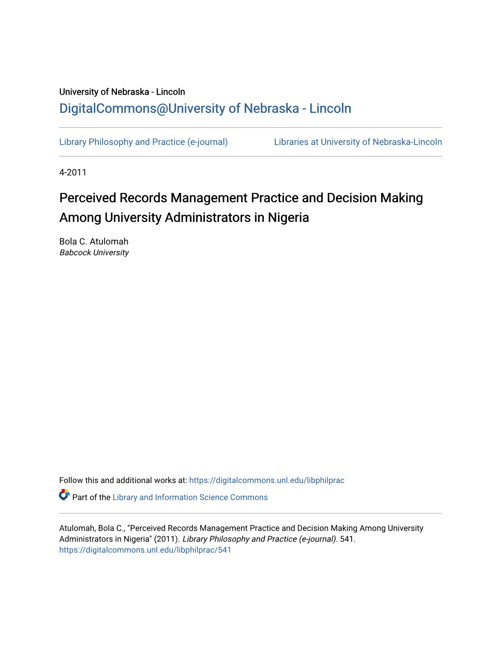 Perceived Records Management Practice and Decision Making Among University Administrators in Nigeria