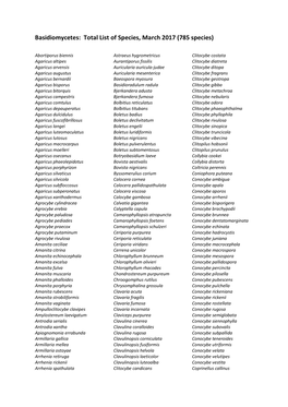 Basidiomycetes: Total List of Species, March 2017 (785 Species)