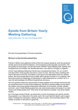 Read the Epistle of Britain Yearly Meeting 2021