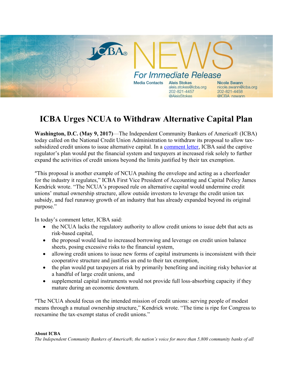 ICBA Urges NCUA to Withdraw Alternative Capital Plan