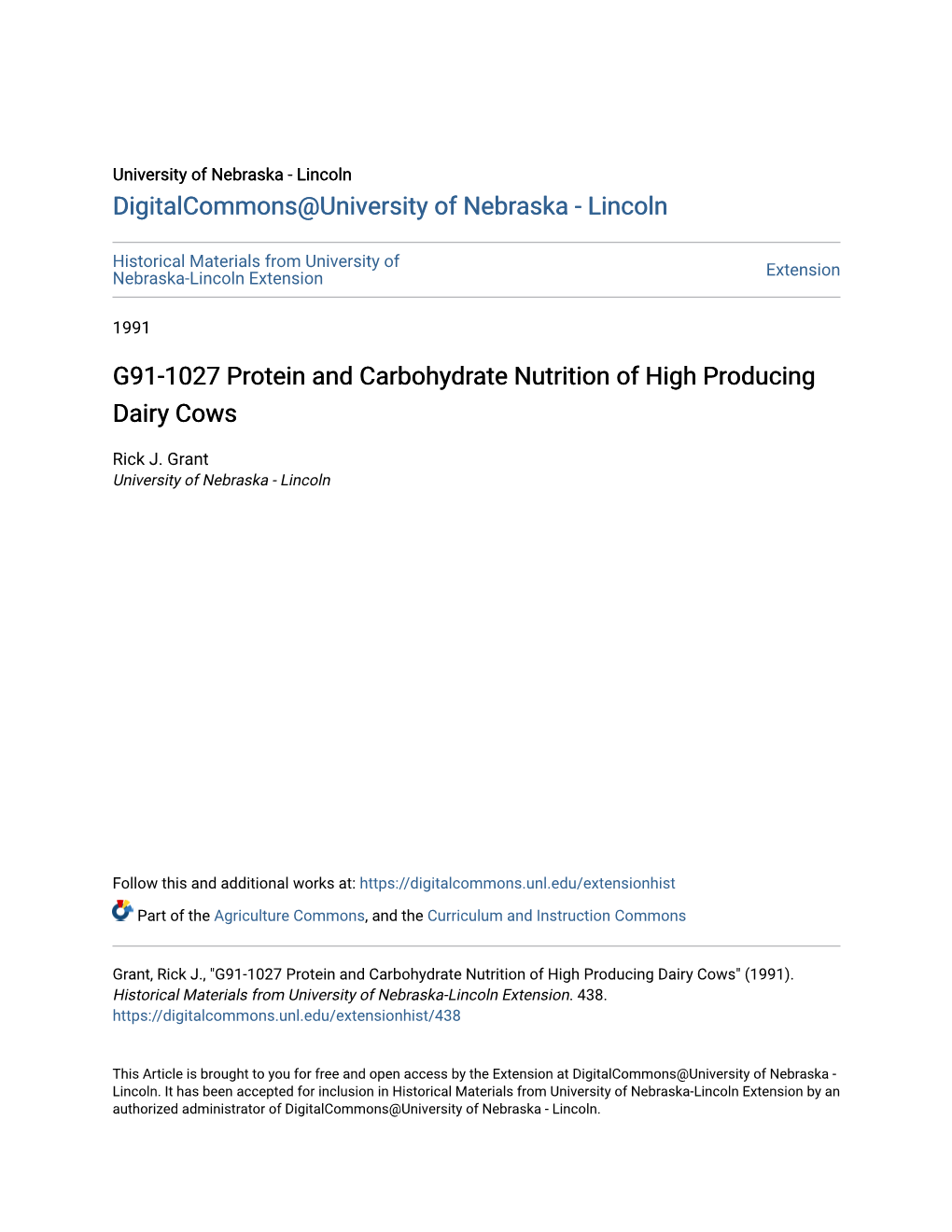 G91-1027 Protein and Carbohydrate Nutrition of High Producing Dairy Cows