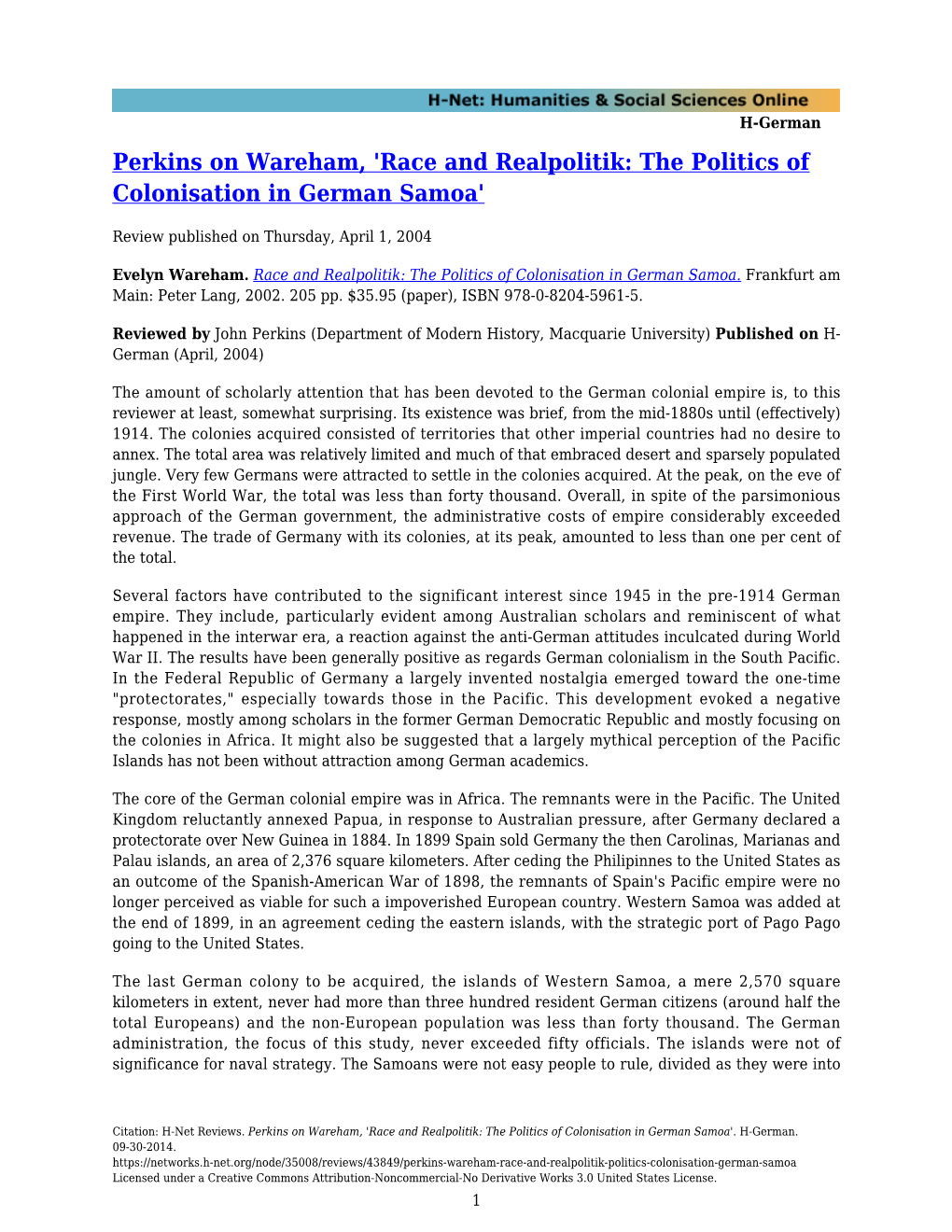 Perkins on Wareham, 'Race and Realpolitik: the Politics of Colonisation in German Samoa'