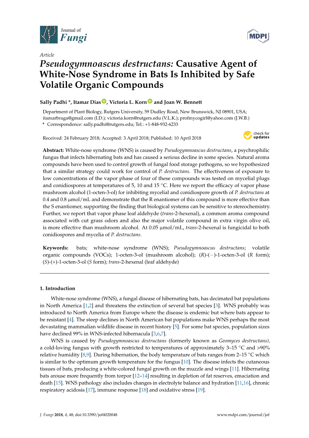 Pseudogymnoascus Destructans: Causative Agent of White-Nose Syndrome in Bats Is Inhibited by Safe Volatile Organic Compounds