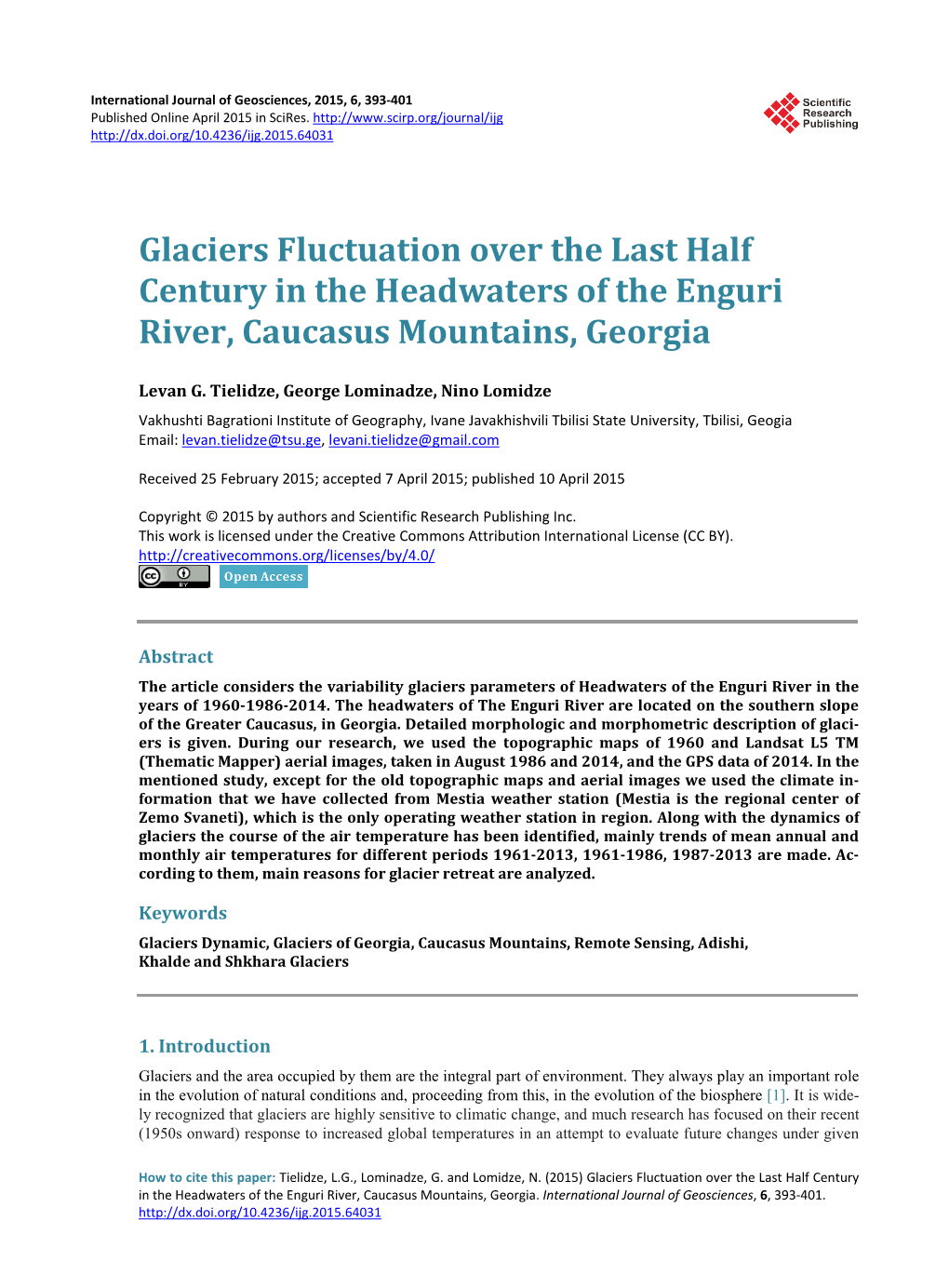 Glaciers Fluctuation Over the Last Half Century in the Headwaters of the Enguri River, Caucasus Mountains, Georgia