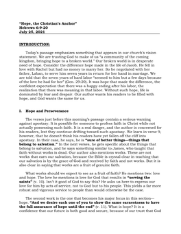 “Hope, the Christian's Anchor” Hebrews 6:9-20 July 25, 2021