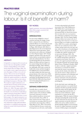 The Vaginal Examination During Labour: Is It of Benefit Or Harm?