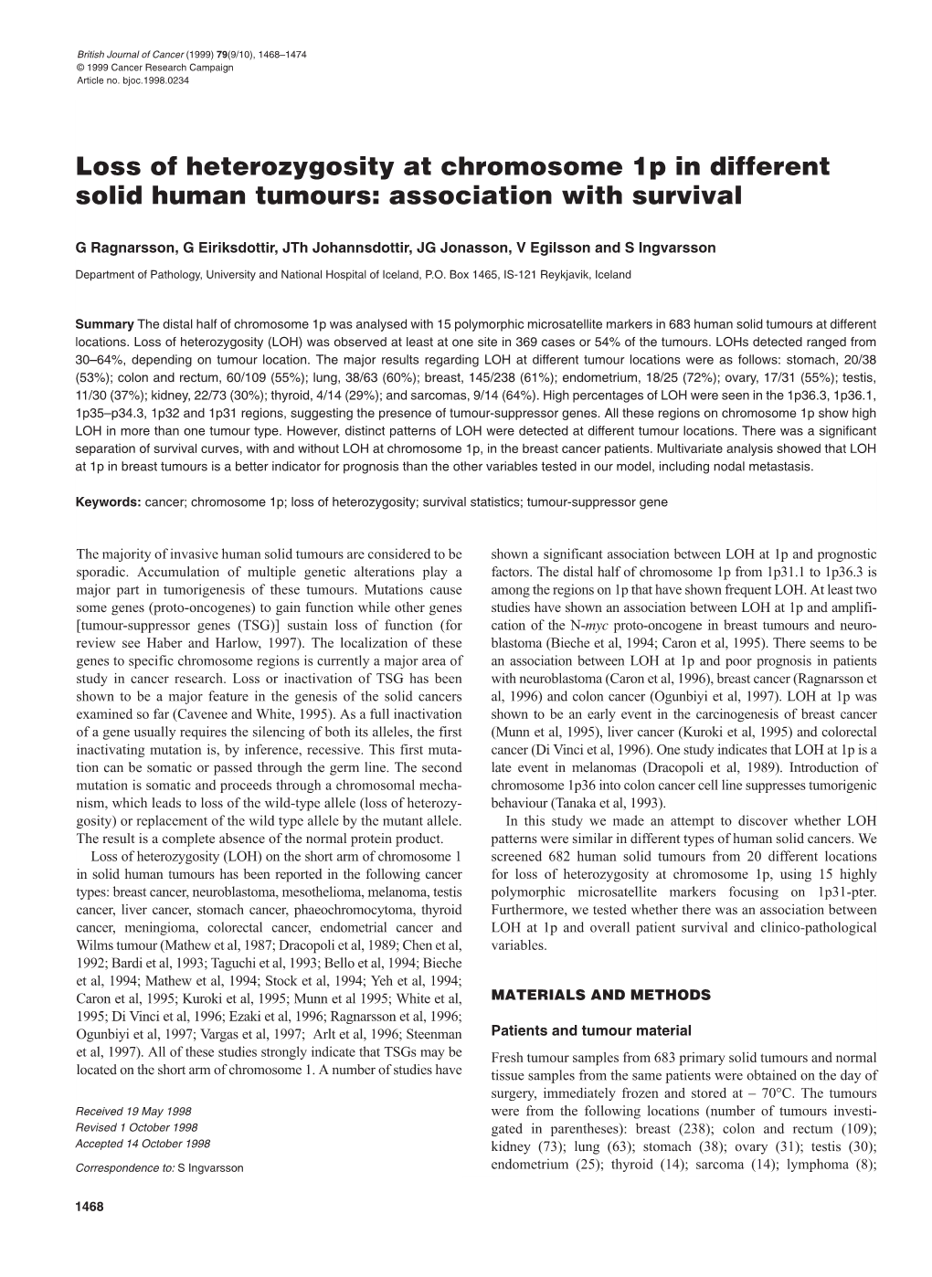 Loss of Heterozygosity at Chromosome 1P in Different Solid Human