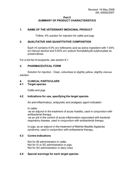 14 May 2008 AN: 00930/2007 Part II SUMMARY of PRODUCT CHARACTERISTICS