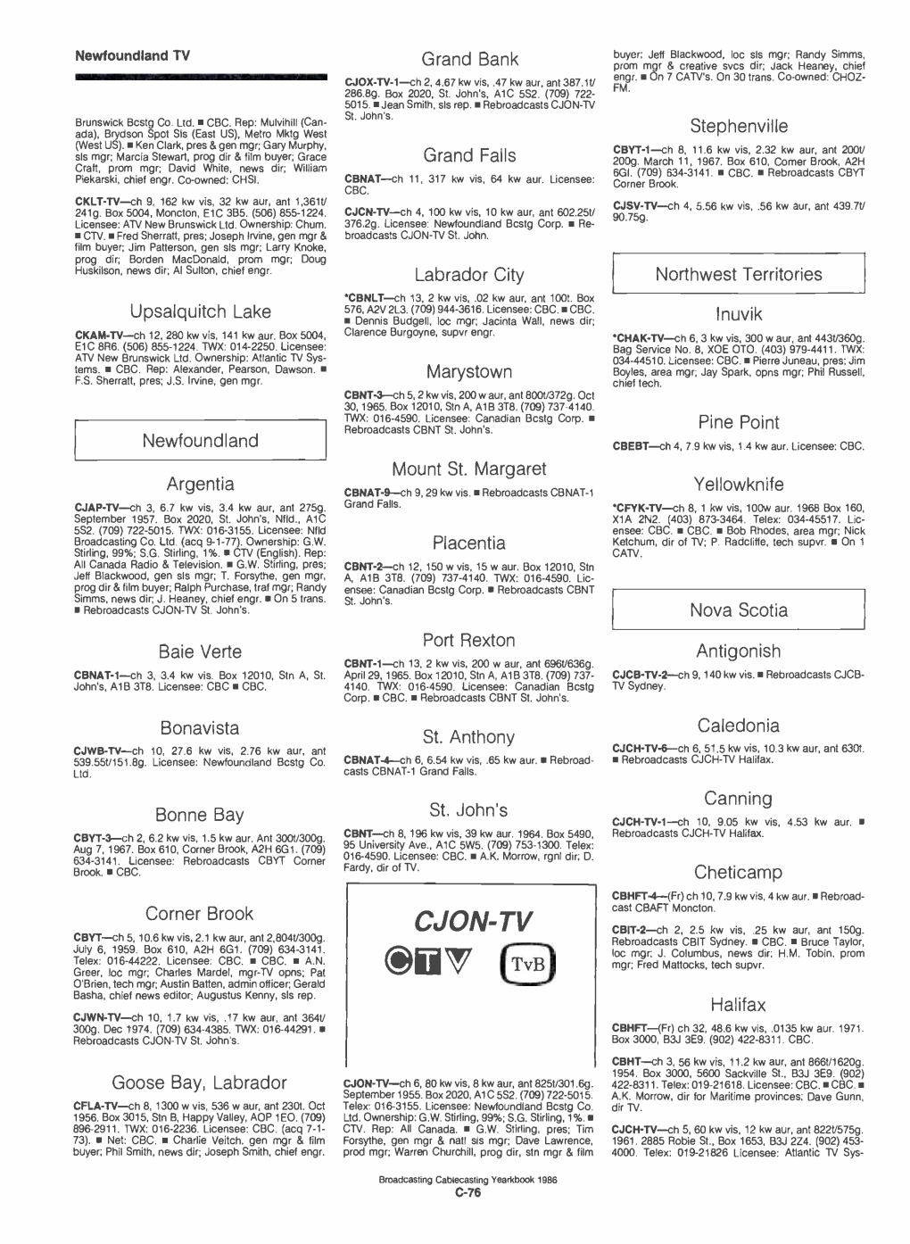 CJON-TV CB1T-2-Ch 2, 2.5 Kw Vis, 25 Kw Aur, Ant 150G