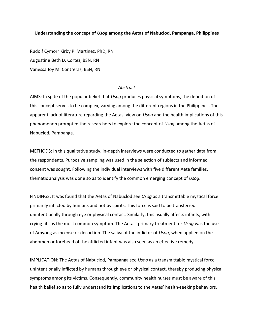 Understanding The Concept Of Usog Among The Aetas Of Nabuclod Pampanga   Understanding The Concept Of Usog Among The Aetas Of Nabuclod Pampanga Philippines Rudolf Cymorr Kirby P Martinez Phd Rn Au 