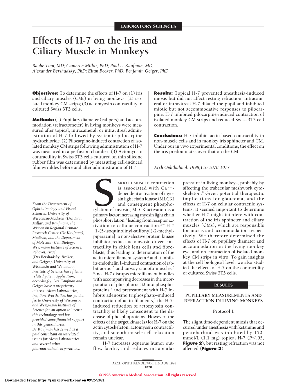 Effects of H-7 on the Iris and Ciliary Muscle in Monkeys