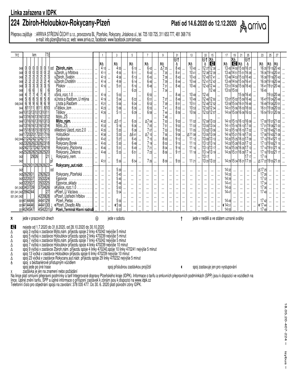 224 Zbiroh-Holoubkov-Rokycany-Plzenˇ Platí Od 14.6.2020 Do 12.12.2020