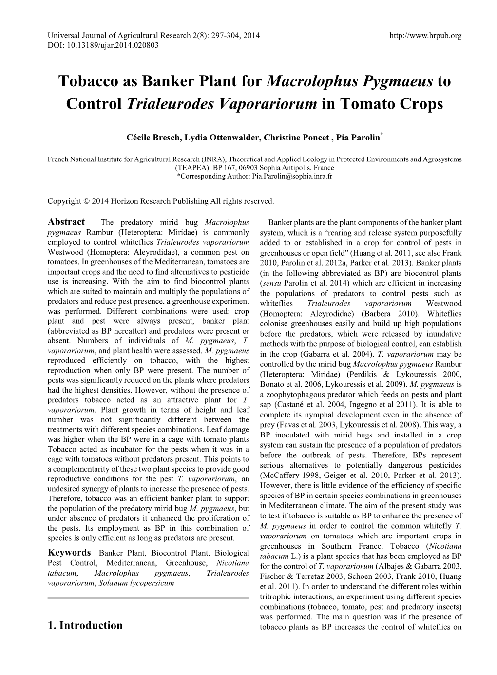 Tobacco As Banker Plant for Macrolophus Pygmaeus to Control Trialeurodes Vaporariorum in Tomato Crops