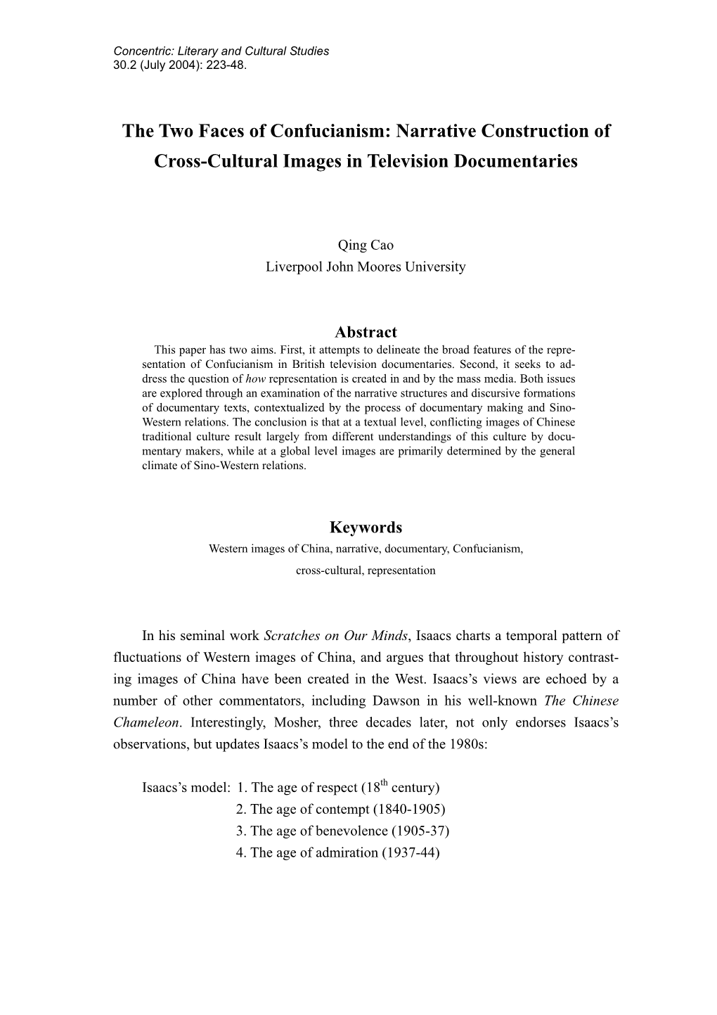 The Two Faces of Confucianism: Narrative Construction of Cross-Cultural Images in Television Documentaries