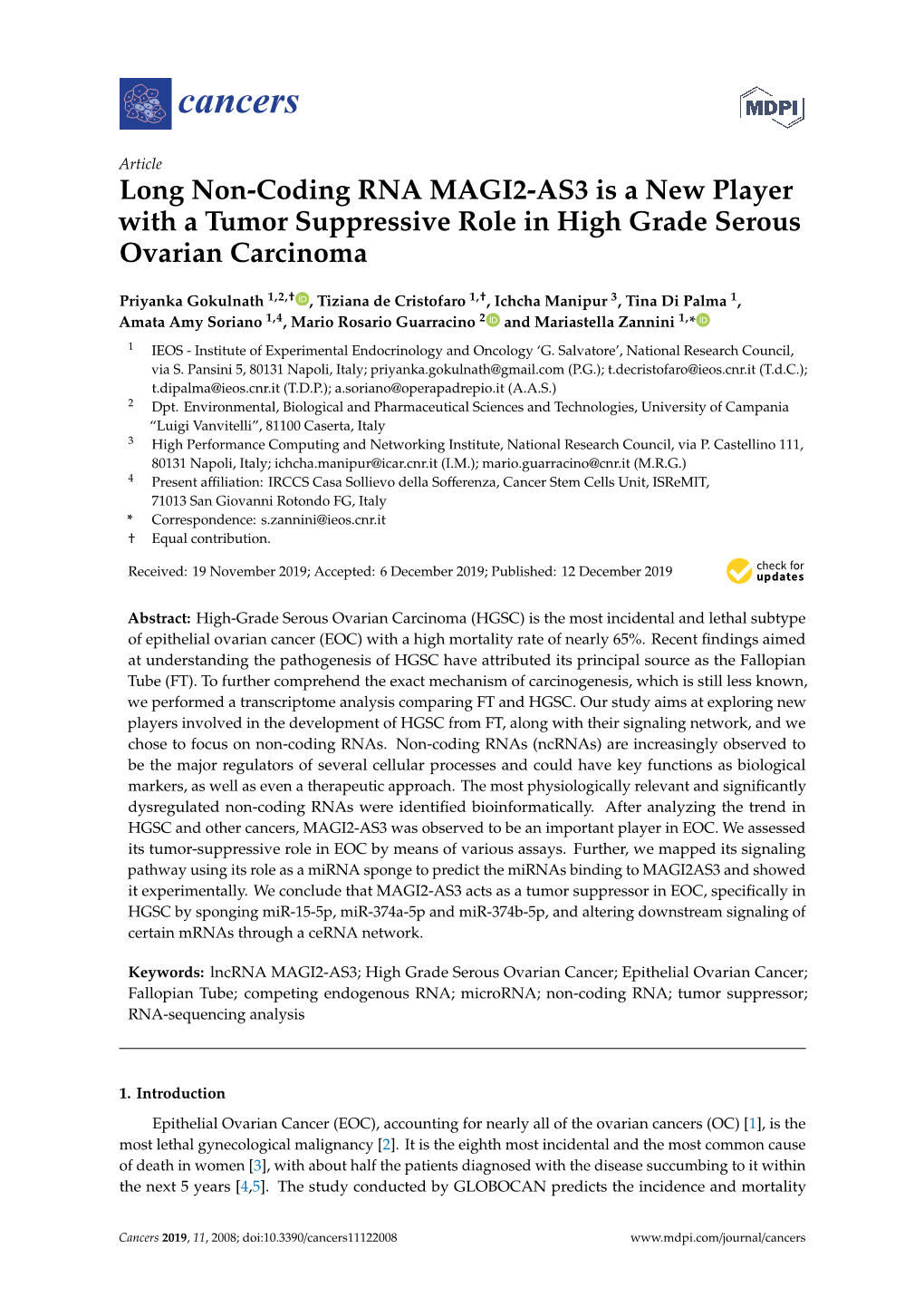 Long Non-Coding RNA MAGI2-AS3 Is a New Player with a Tumor Suppressive Role in High Grade Serous Ovarian Carcinoma