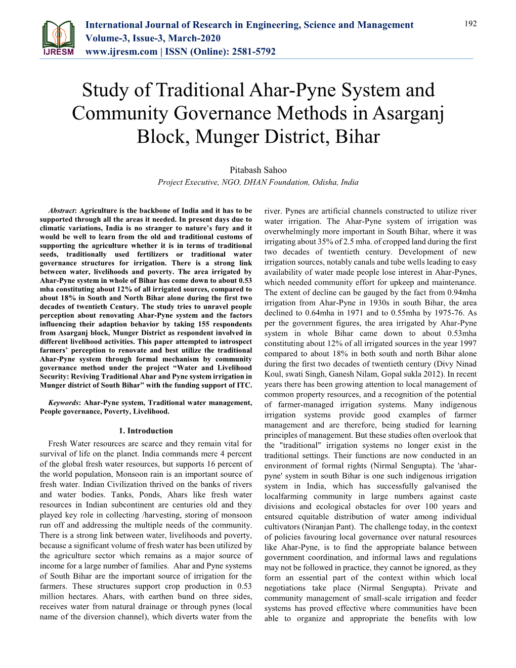 Study of Traditional Ahar-Pyne System and Community Governance Methods in Asarganj Block, Munger District, Bihar