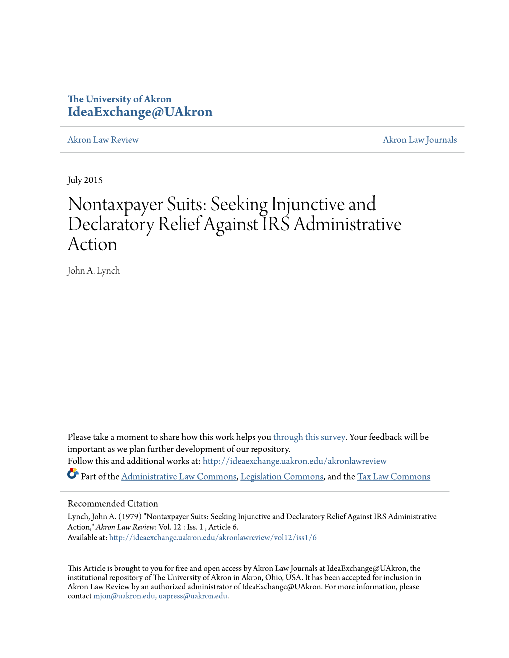 Nontaxpayer Suits: Seeking Injunctive and Declaratory Relief Against IRS Administrative Action John A