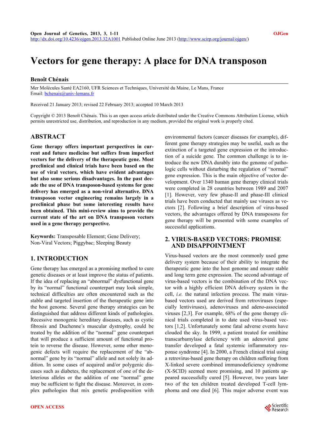 Vectors for Gene Therapy: a Place for DNA Transposon