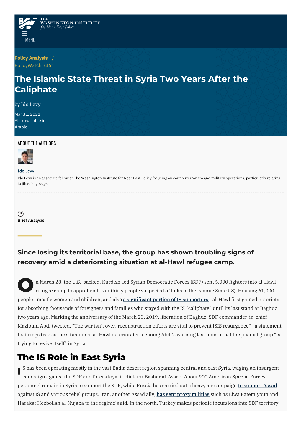 The Islamic State Threat in Syria Two Years After the Caliphate by Ido Levy