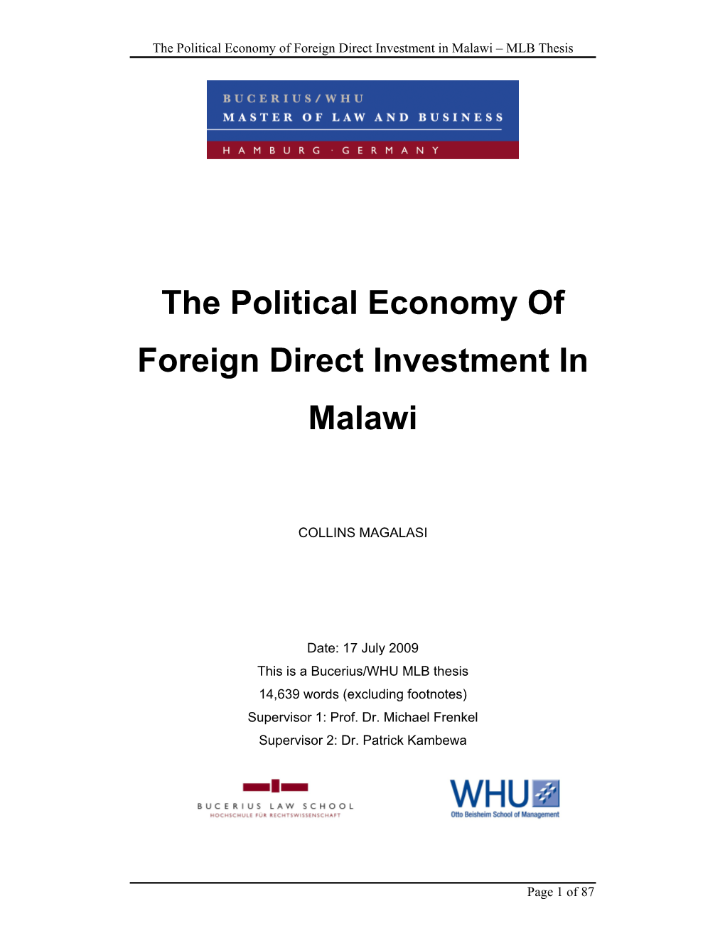 The Political Economy of Foreign Direct Investment in Malawi – MLB Thesis